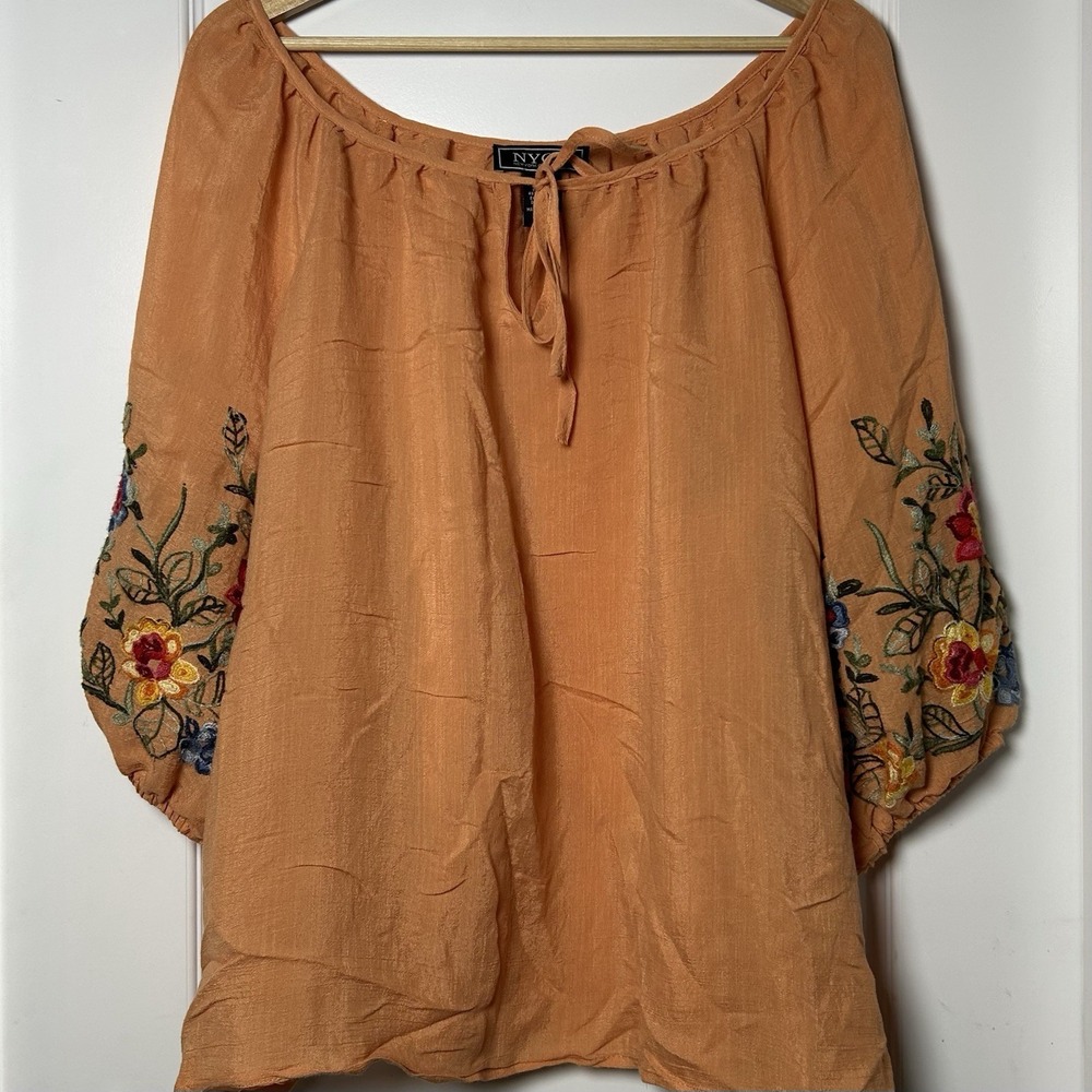 NYCC New York Clothing Co. Orange Embroidered Boho Floral Off-Shoulder Blouse